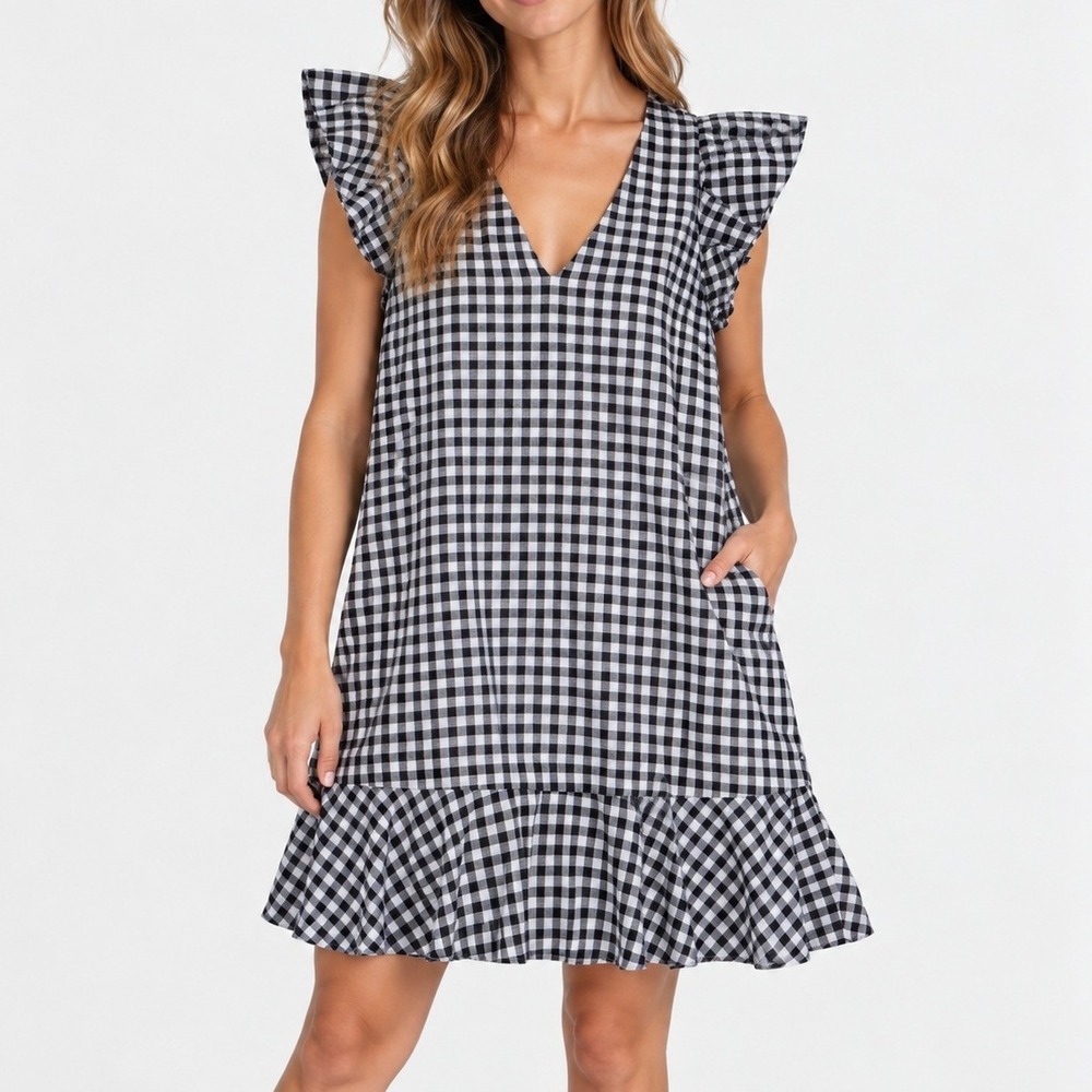 Madewell Gingham Ruffle Sleeve V-Neck Mini Dress Black White Size 2